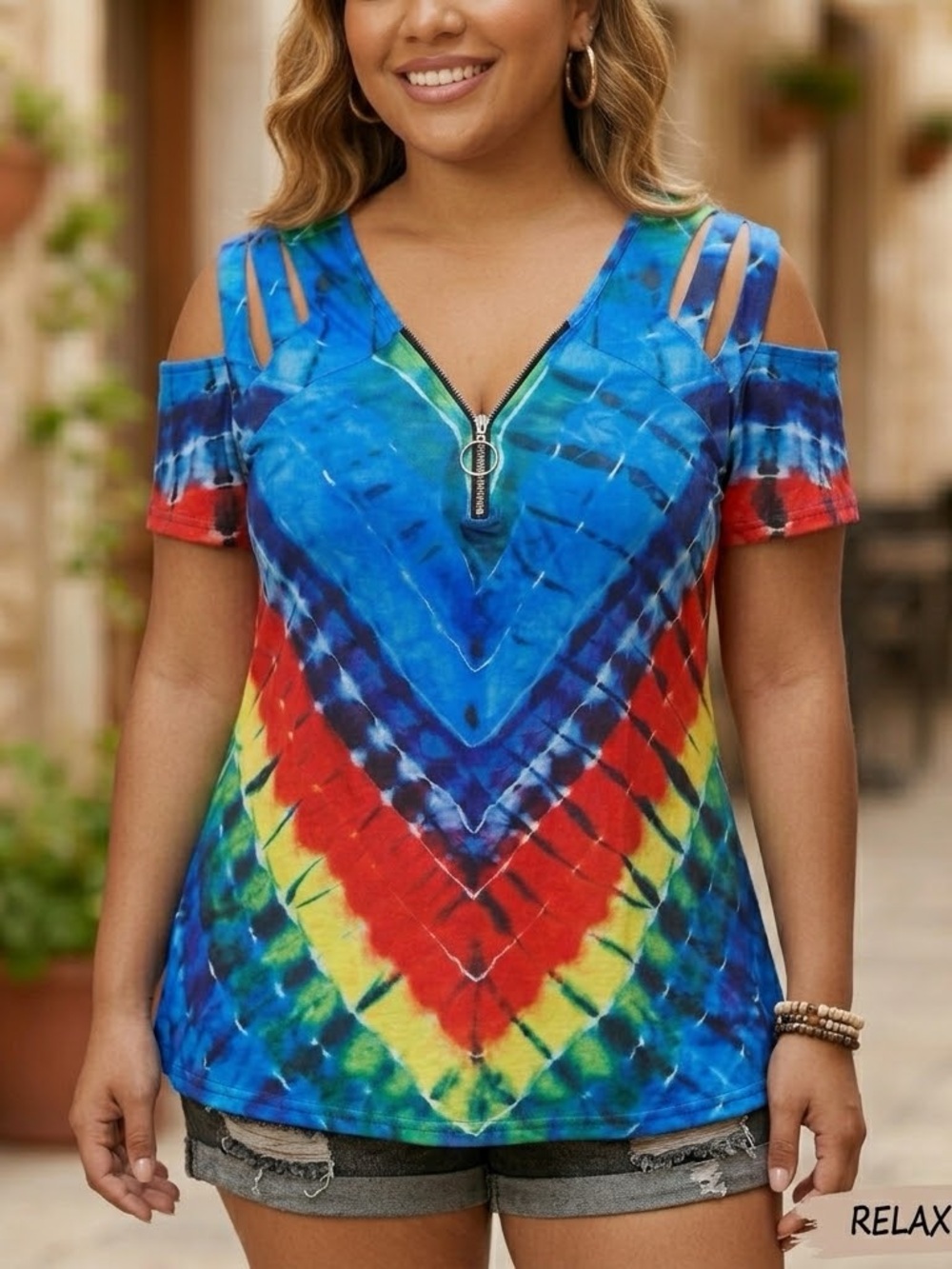 Chicyea Rainbow Tie-Dye Zipper Top XL Strappy Cutout Slit Shoulder Boho Hippie